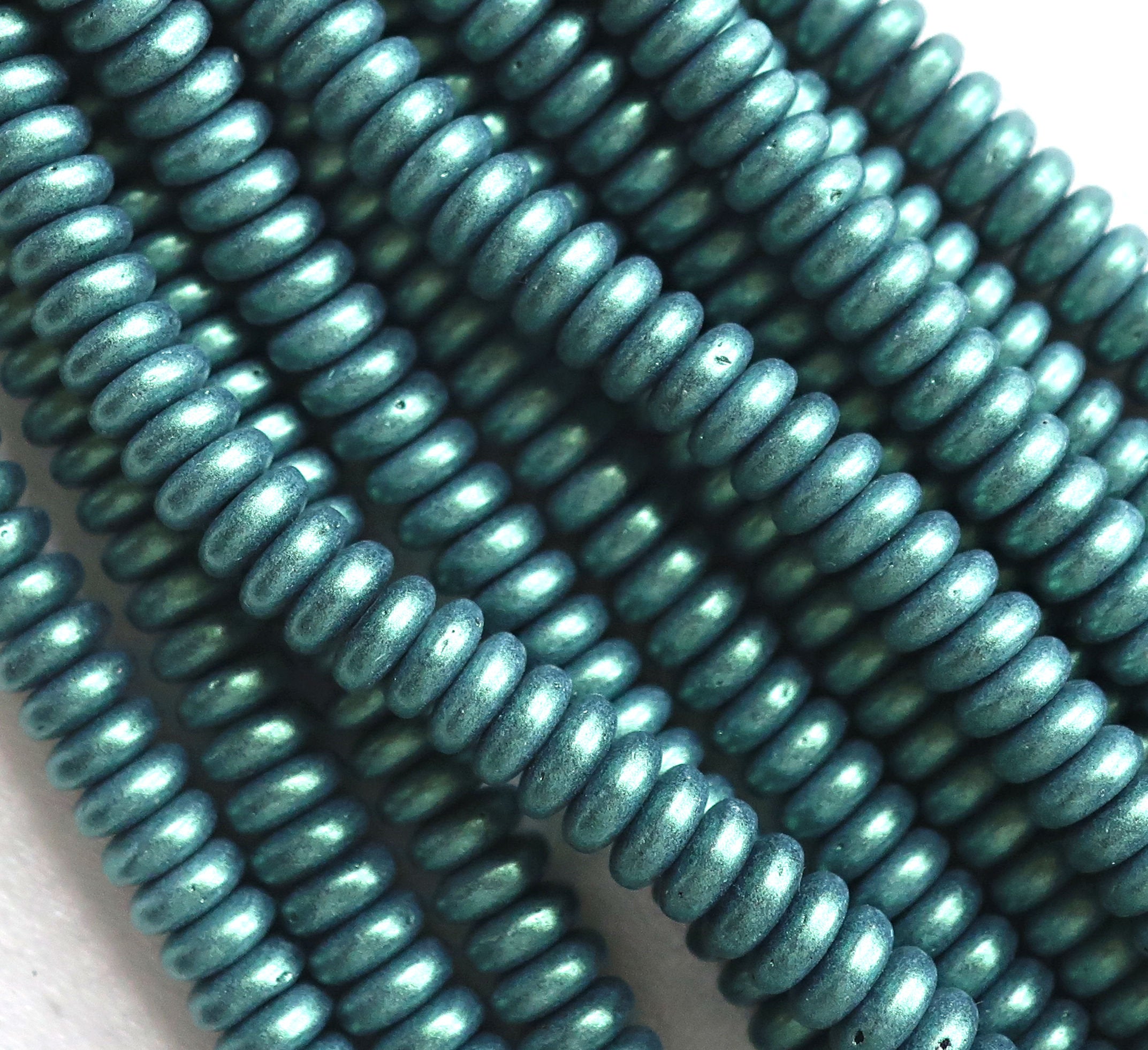 Lot of 50 6mm Czech glass rondelle beads, matte metallic light green suede flat spacers or rondelles C5701 - Glorious Glass Beads