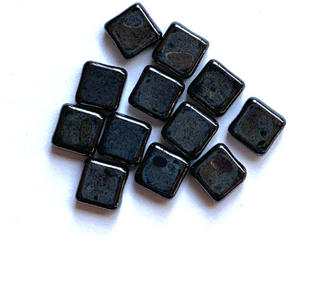 Twenty 9mm square Czech glass beads - hematite gun metal pressed glass beads C0087