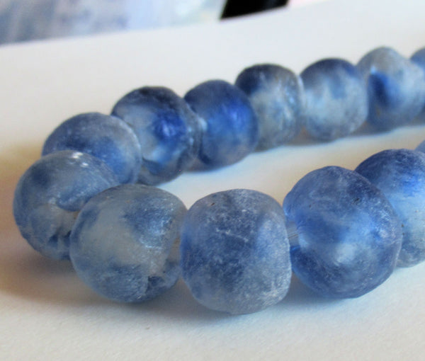 Six African recycled glass chunky blue & white round druk beads - Approx 17 - 18mm with 2mm hole, big hole, rustic, earthy, boho beads 80110