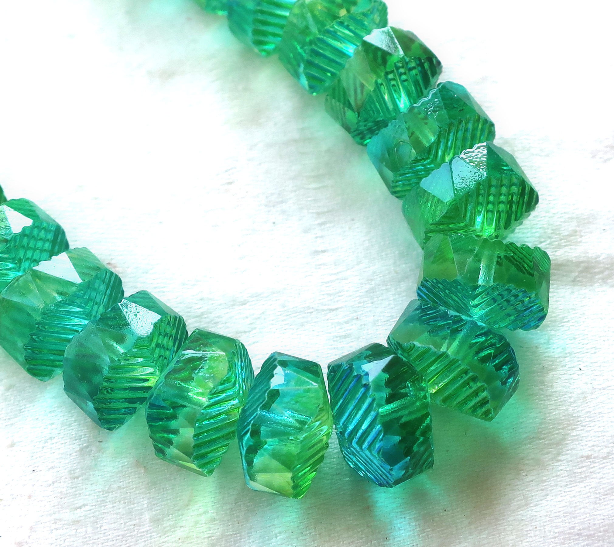 Six Czech glass faceted wavy rondelle beads, large 14 x 6mm aqua blue & lime green AB, chunky rondelles, C18101 - Glorious Glass Beads
