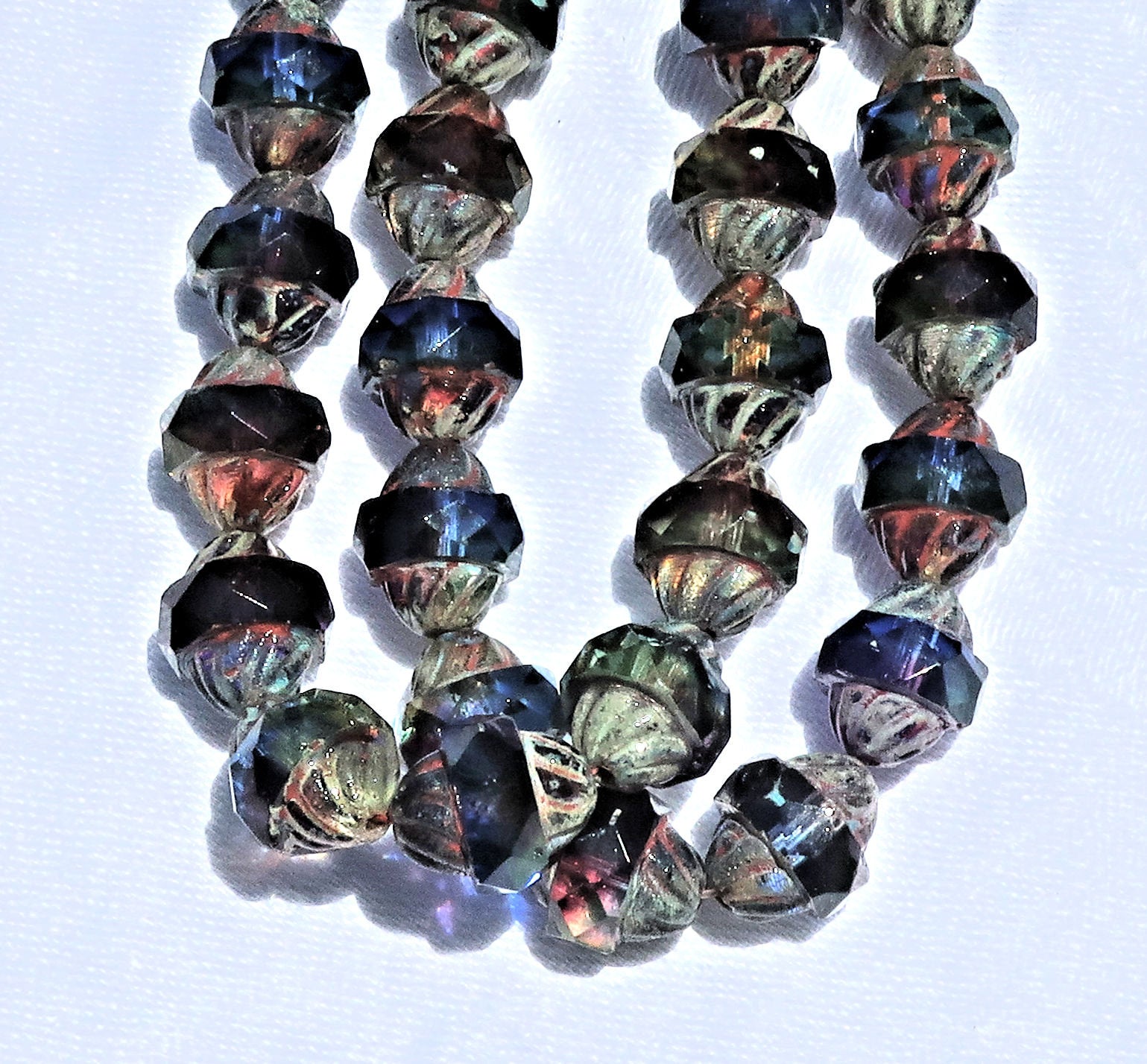 Ten Czech glass turbine beads - 11 x 10mm blue, purple / amethyst & green mix with a picasso finish C08101 - Glorious Glass Beads