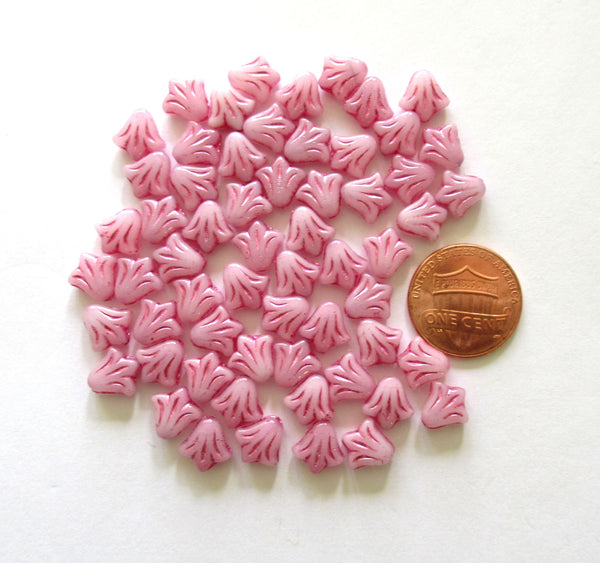 Lot of 25 8.5mm Czech glass flower beads - milky pink with a pink wash pressed glass lily flower beads C0054