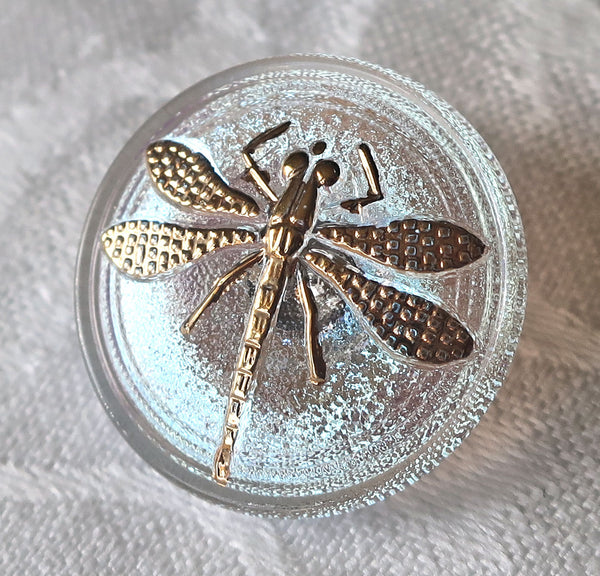 One 22mm Czech glass button - Crystal AB with a gold dragonfly - decorative shank buttons 84201