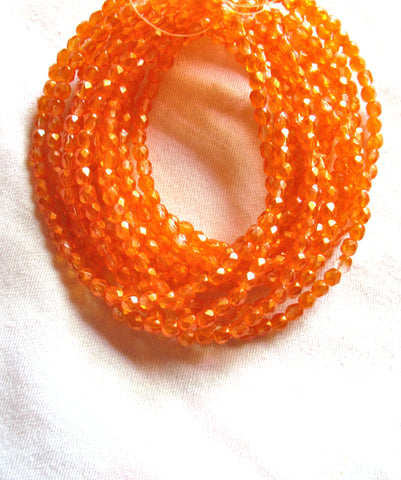 Lot of 50 4mm Czech glass beads, bright orange, sueded gold hyacinth faceted firepolished beads 9601