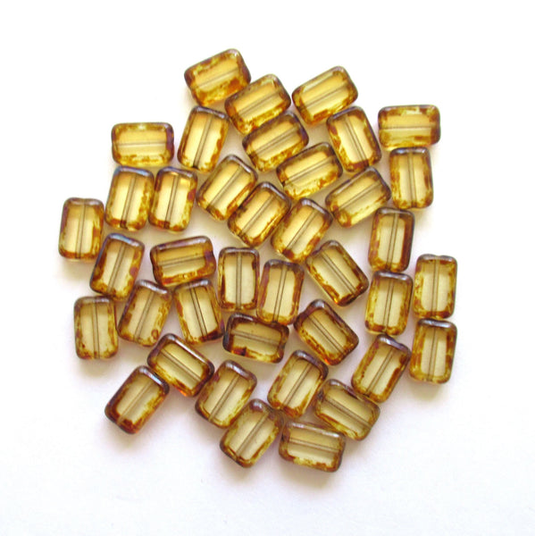 Ten rectangular, table cut Czech glass beads - crystal clear beads with a brown picasso finish - rectangle beads - 12mm x 8mm - C0068