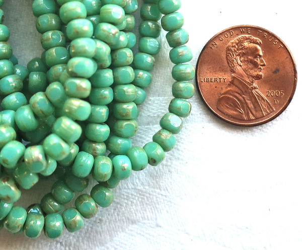 50 4 x 3mm, Tricut, Tri-cut, 3 cut Round Czech glass beads, turquoise green.picasso 6/0 seed beads C66101 - Glorious Glass Beads