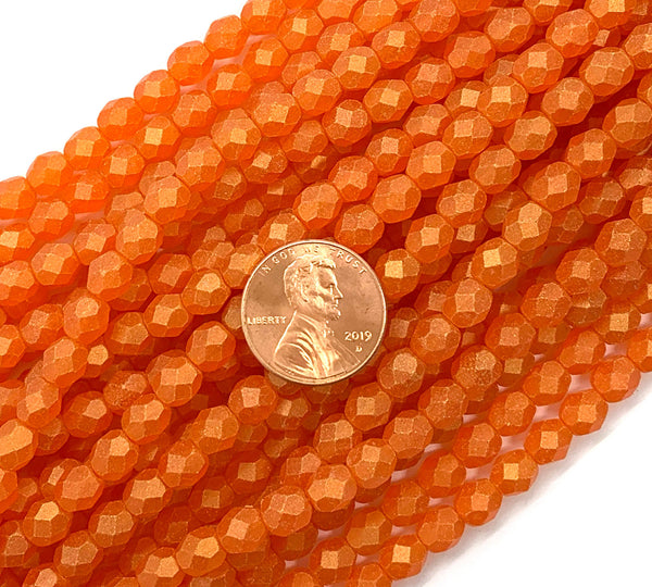 25 faceted round Czech glass beads - 6mm fire polished sueded gold hyacinth orange beads - C0044
