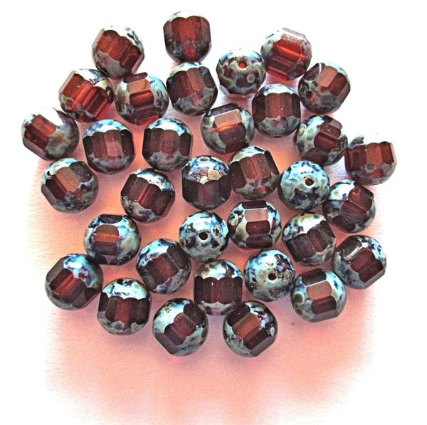 Ten Czech glass faceted cathedral or barrel beads six sides - 10mm fire polished Madeira topaz beads with picasso finish on the ends C0058