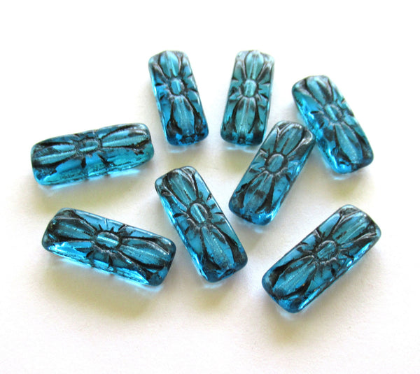 Five 20 x 8mm Czech glass beads - rectangular flower tube beads - aqua blue with a balck wash rectangle beads C0048