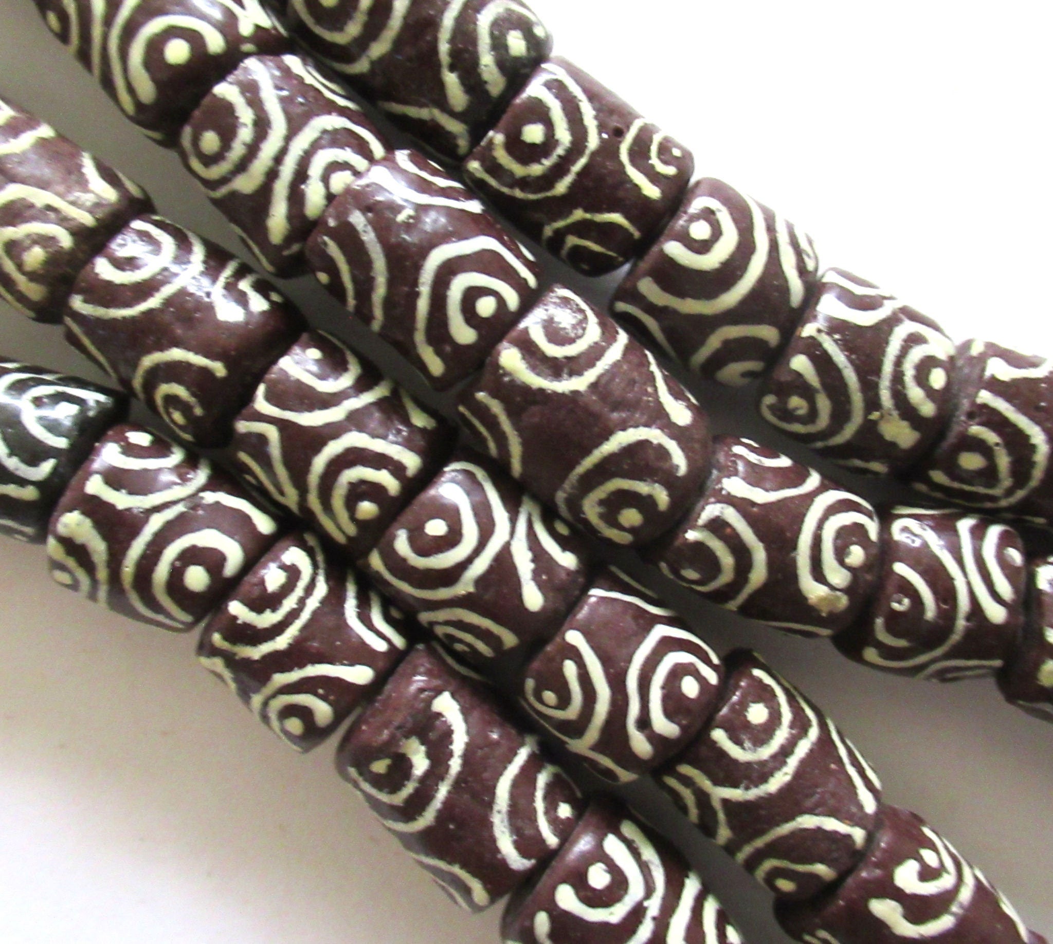 6 African Ghana glass cylinder tube beads - brown beads with white accents - large sand cast krobo big hole rustic beads - C00101