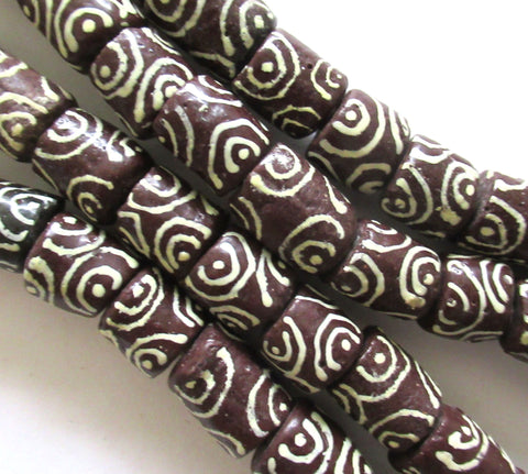 6 African Ghana glass cylinder tube beads - brown beads with white accents - large sand cast krobo big hole rustic beads - C00101