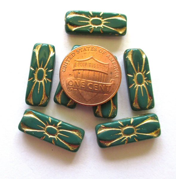 Five 20 x 8mm opaque green and gold rectangular flower tube beads - Czech glass rectangle bead C0082