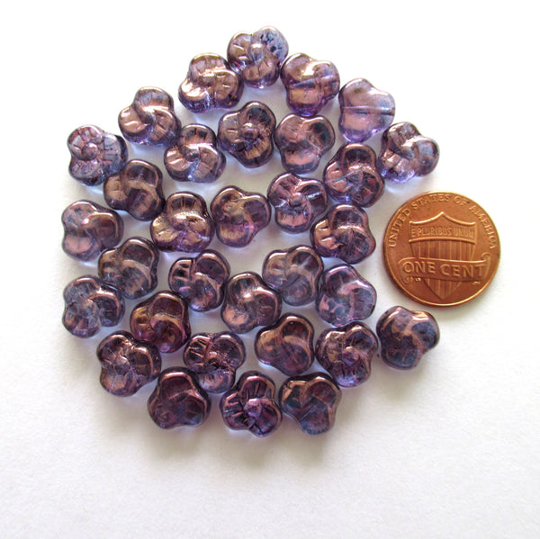 Lot of 25 Czech glass flower beads - 9mm iridescent lumi amethyst purple pansy beads - C00411