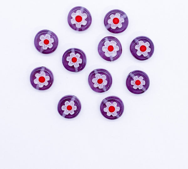 Ten 8mm cane or millefiori glass beads - purple red and white coin or disc beads - C0008