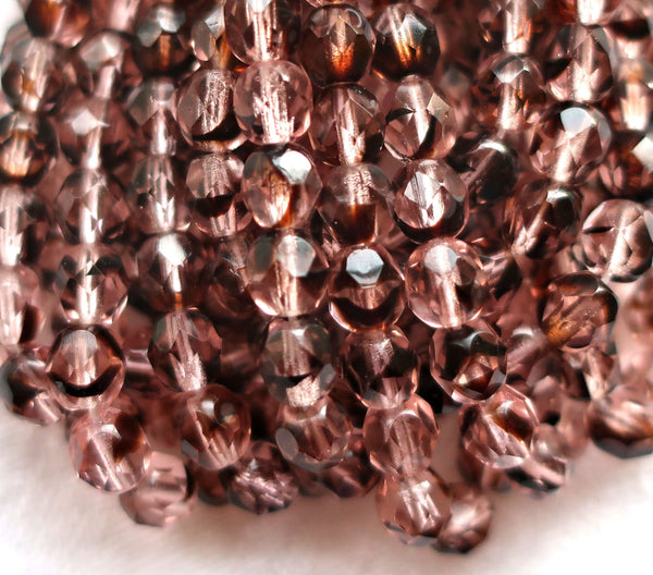 Lot of 25 6mm Czech glass beads - Rosaline Tortoise - pink & brown - round firepolished faceted beads 6525 - Glorious Glass Beads