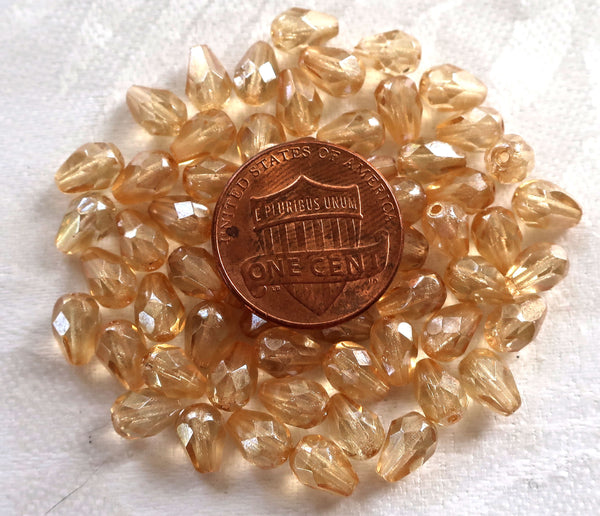 Lot of 25 7 x 5mm Crystal Champagne teardrop Czech glass beads, faceted firepolished teardrops C7701