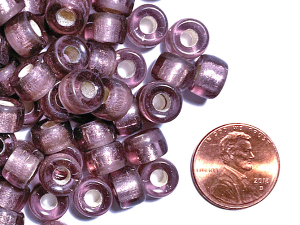 Twenty-five 9mm Czech glass pony, crow, roller beads - light purple amethyst silver lined large hole beads - C0078