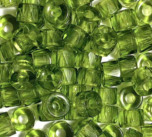 Lot of 25 9mm Czech glass faceted pony or roller beads - olivine olive green - large hole glass crow beads C0931