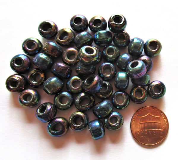 25 9mm Jet Black luster glass pony roller beads - large hole, big hole crow beads, Made in India, C0094