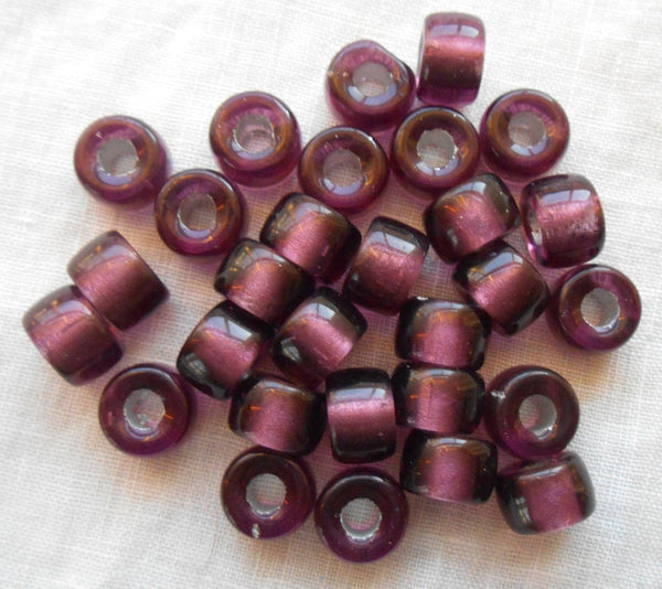 25 9mm Czech Dark Amethyst Silver Lined pony roller beads, large hole purple glass crow beads, C0087