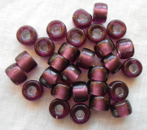 25 9mm Czech Dark Amethyst Silver Lined pony roller beads, large hole purple glass crow beads, C0087