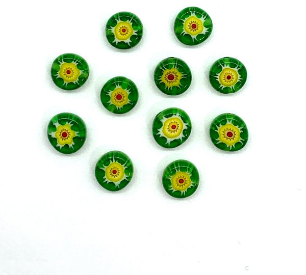 Ten 8mm cane or millefiori glass beads - green yellow and red coin or disc beads - C0008