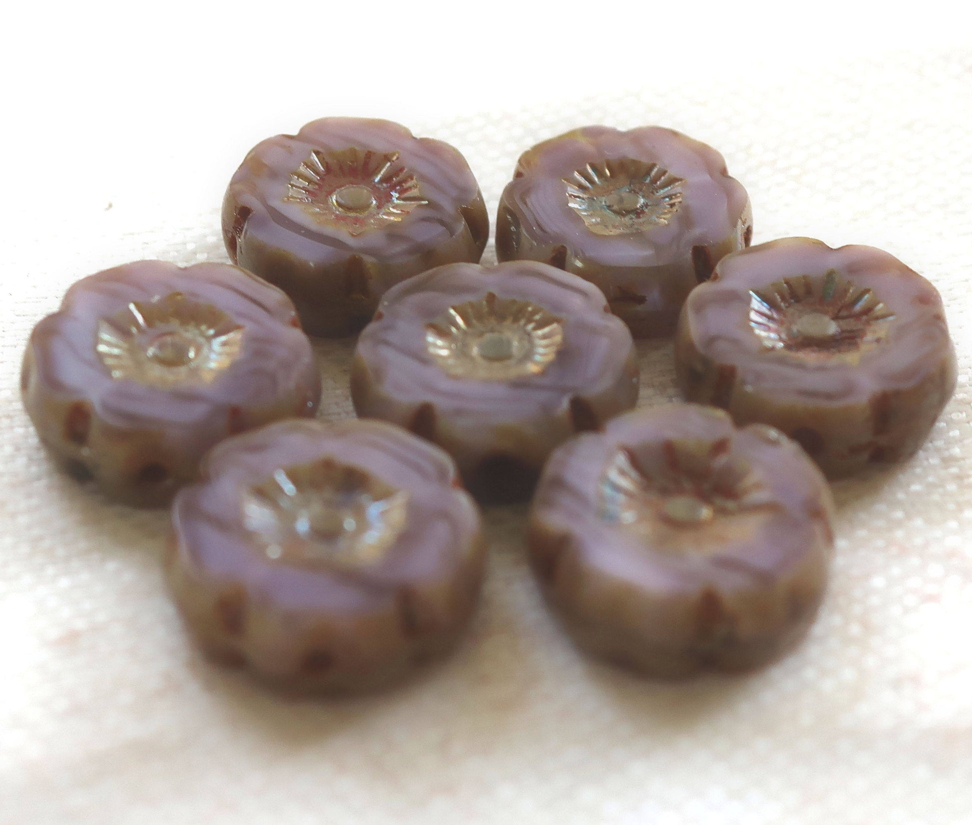 Lot of 10 12mm table cut,, carved,, opaque milky lavender, purple picasso, hibiscus Czech glass flower beads, C02101 - Glorious Glass Beads