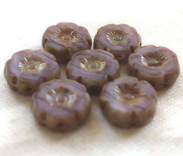 Lot of 10 12mm table cut,, carved,, opaque milky lavender, purple picasso, hibiscus Czech glass flower beads, C02101 - Glorious Glass Beads