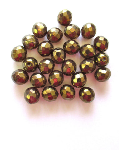 Twenty 10mm Czech glass beads - faceted, fire polished lumi brown iridescent beads C00901