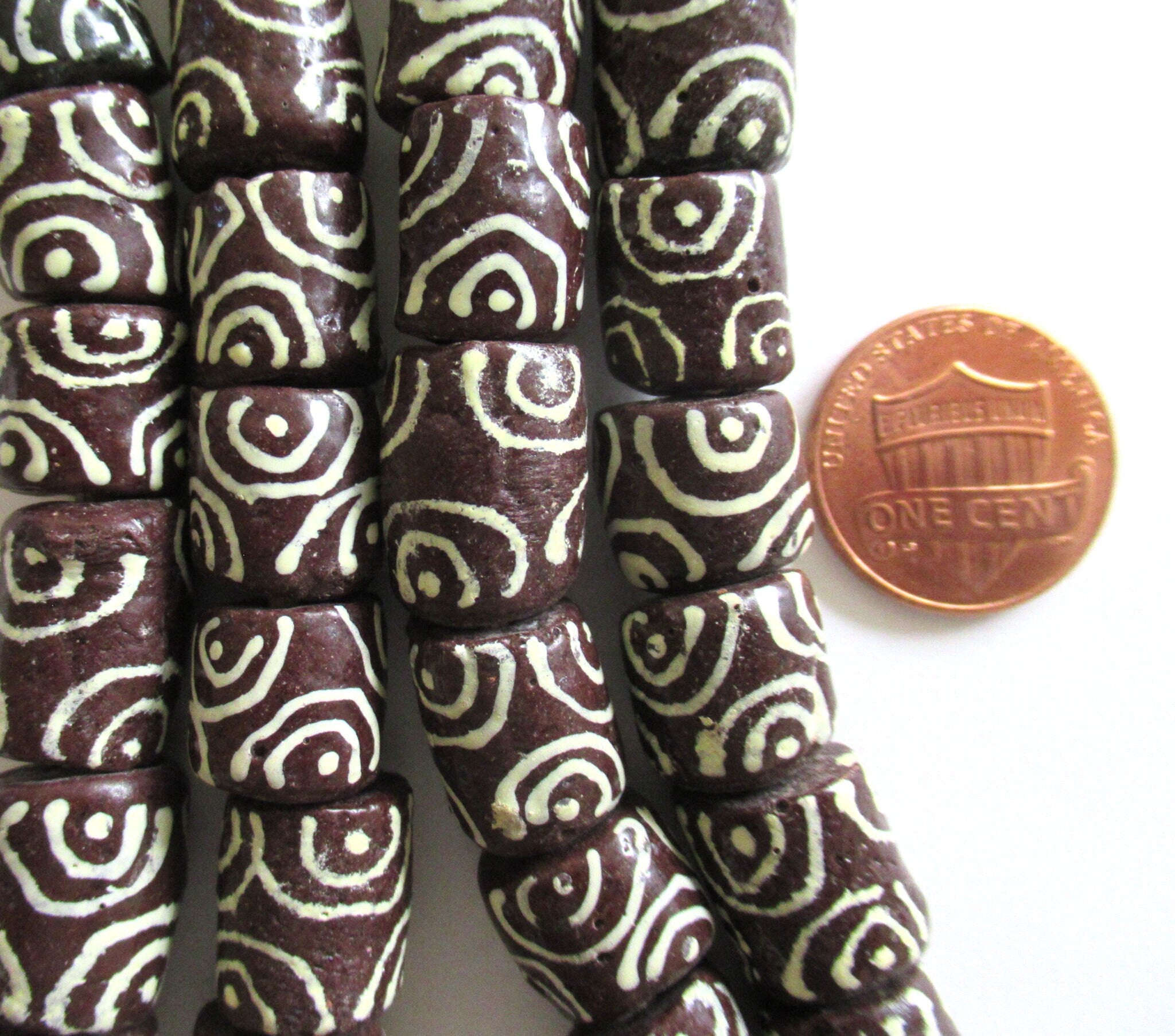 6 African Ghana glass cylinder tube beads - brown beads with white accents - large sand cast krobo big hole rustic beads - C00101