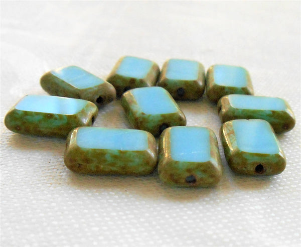 Ten rectangular Opaque Turquoise Blue Picasso Czech glass rectangle beads - 12mm x 8mm table cut beads C71101