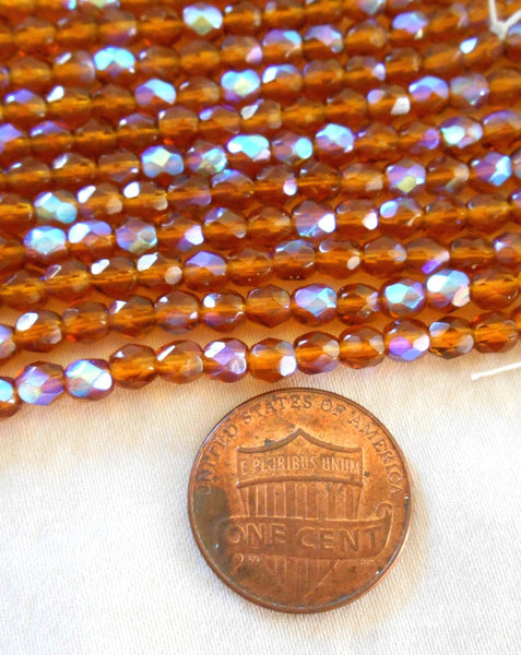50 4mm Czech glass topaz amber AB beads, firepolished faceted round glass beads C5601