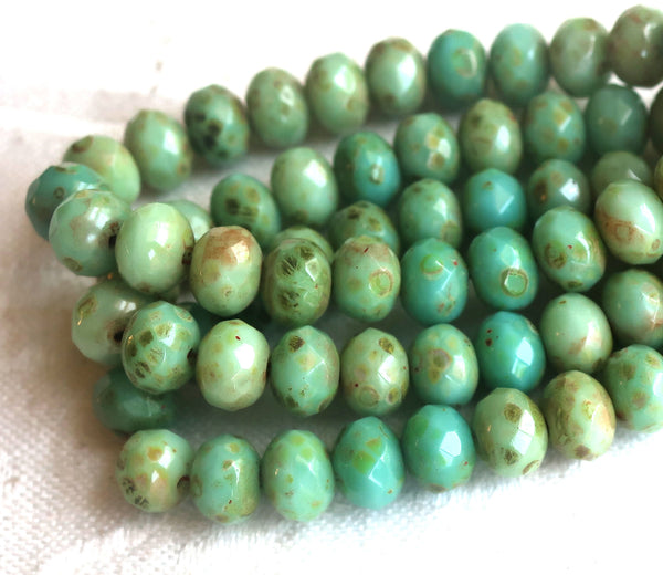 Lot of 25 puffy rondelle beads, opaque turquoise blue green mix with a picasso finish, 7mm x 5mm faceted Czech glass rondelles 53101 - Glorious Glass Beads