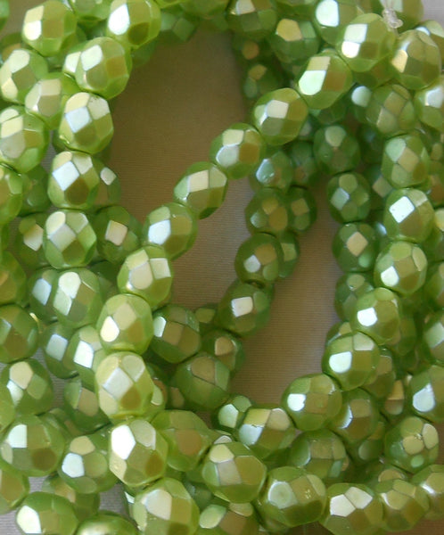 30 6mm Czech glass beads, Pistachio Pearl, Light Green Satin, firepolished, faceted round beads C5830