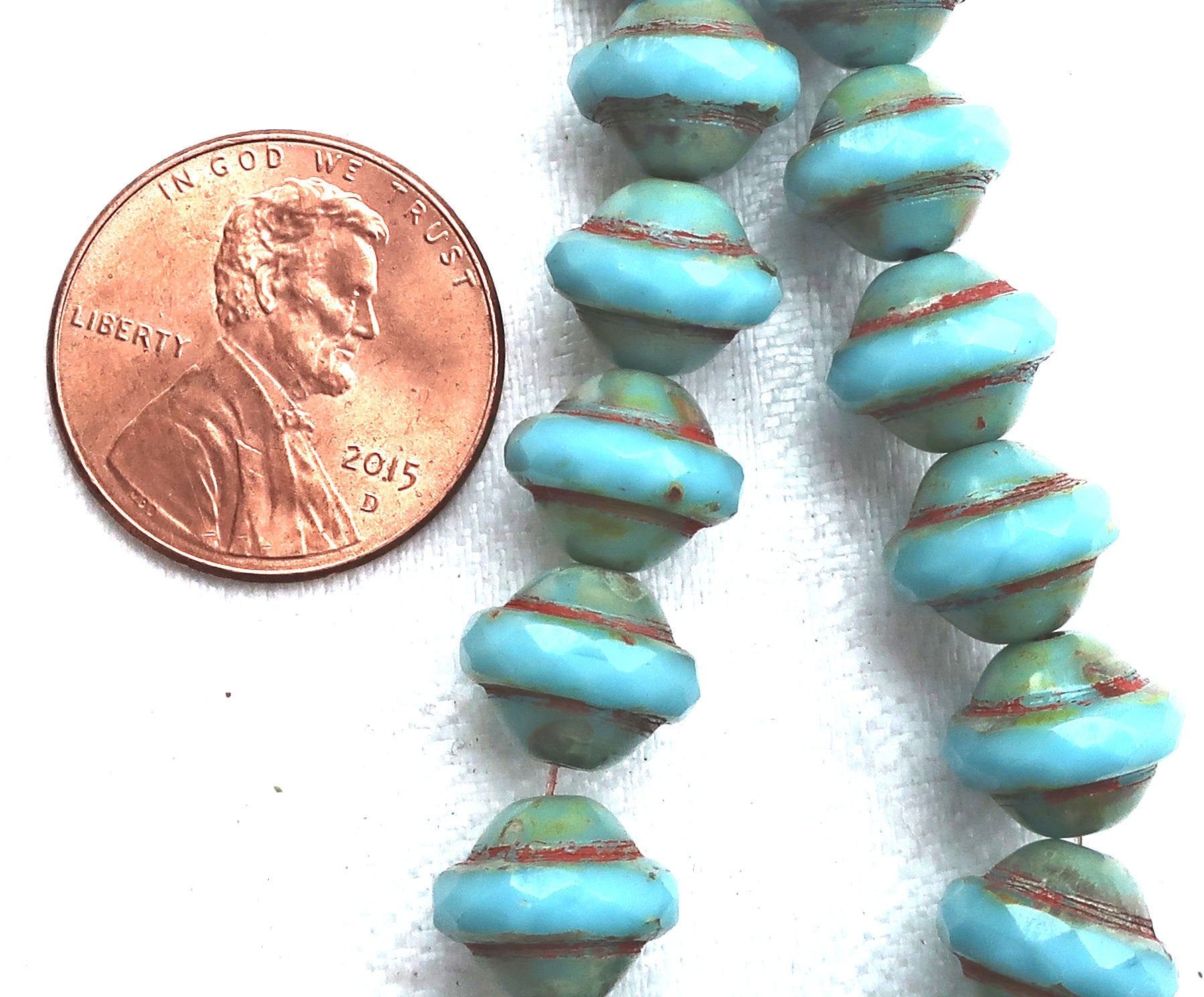 Ten Czech glass saturn beads, 8x10mm opaque robin's egg, sky, powder blue picasso saucer beads, faceted 8 x 10mm beads C04121 - Glorious Glass Beads