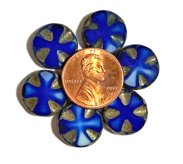 Six Czech glass beads, table-cut, carved, disc or coin beads, blue & white marbled Celtic, Iron cross with a gold picasso finish C0911