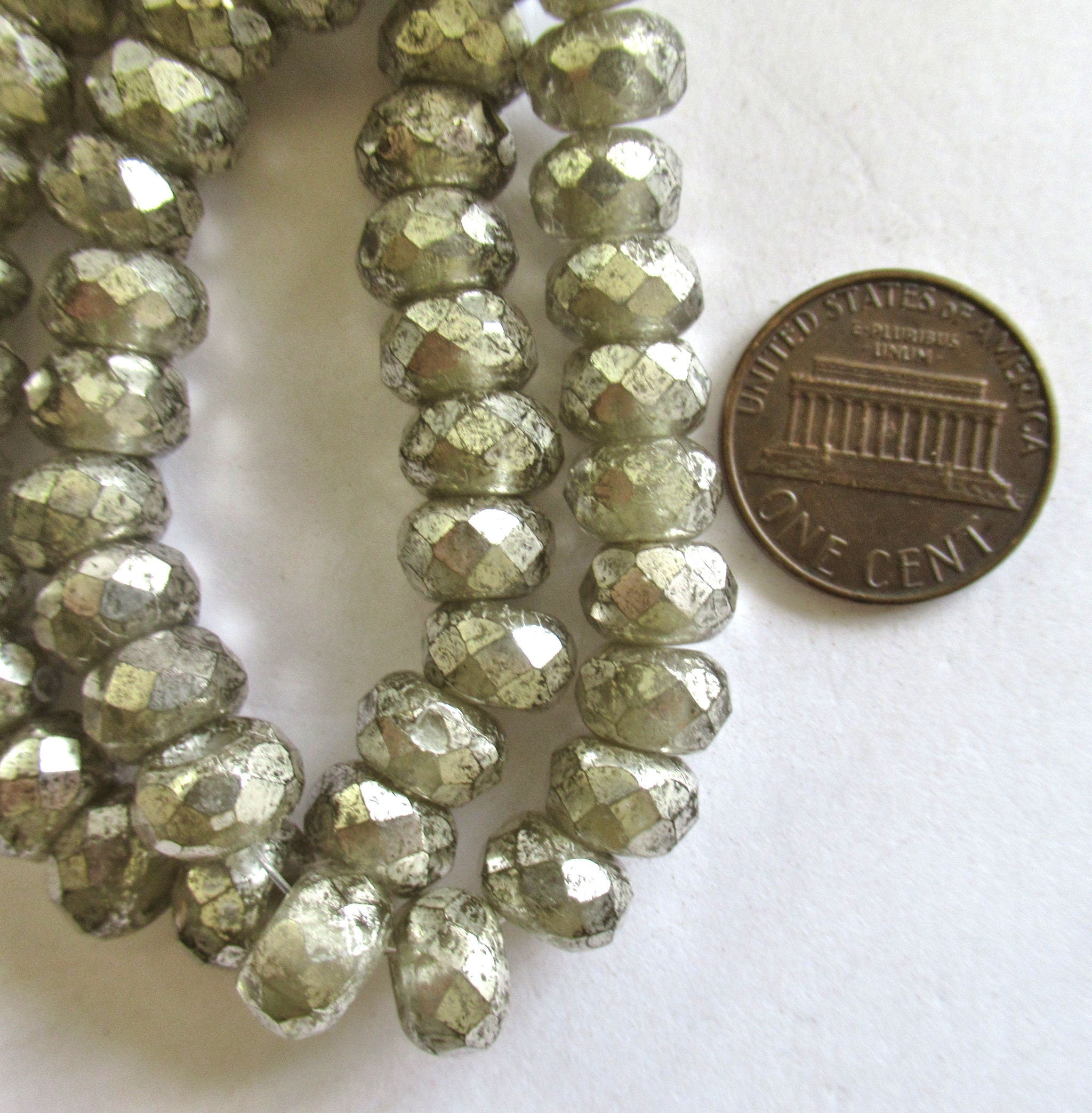 Ten Czech glass roller beads - 6 x 9mm rustic, earthy antique silver, faceted roller , rondelle , big 3.5mm hole beads C0099