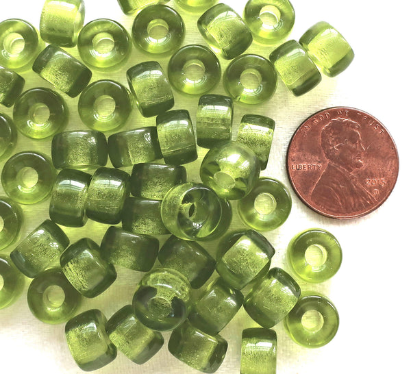 Lot of 25 9mm Green Olivine Czech glass pony or roller beads, large hole crow beads, C0401 - Glorious Glass Beads
