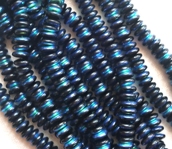 Lot of 50 6mm Czech glass rondelle beads, jet black AB flat spacers or rondelles C4801 - Glorious Glass Beads