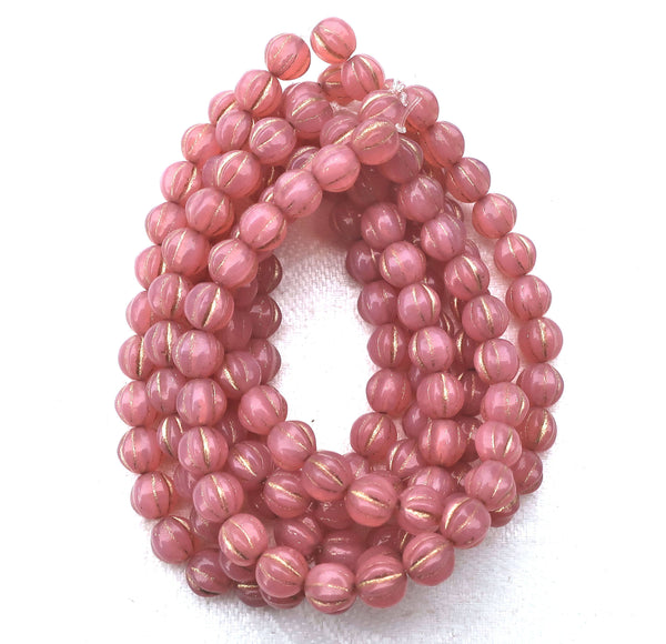 25 Czech pink glass melon beads, 6mm milky pink opal with gold accents. pressed Czech glass beads C5801