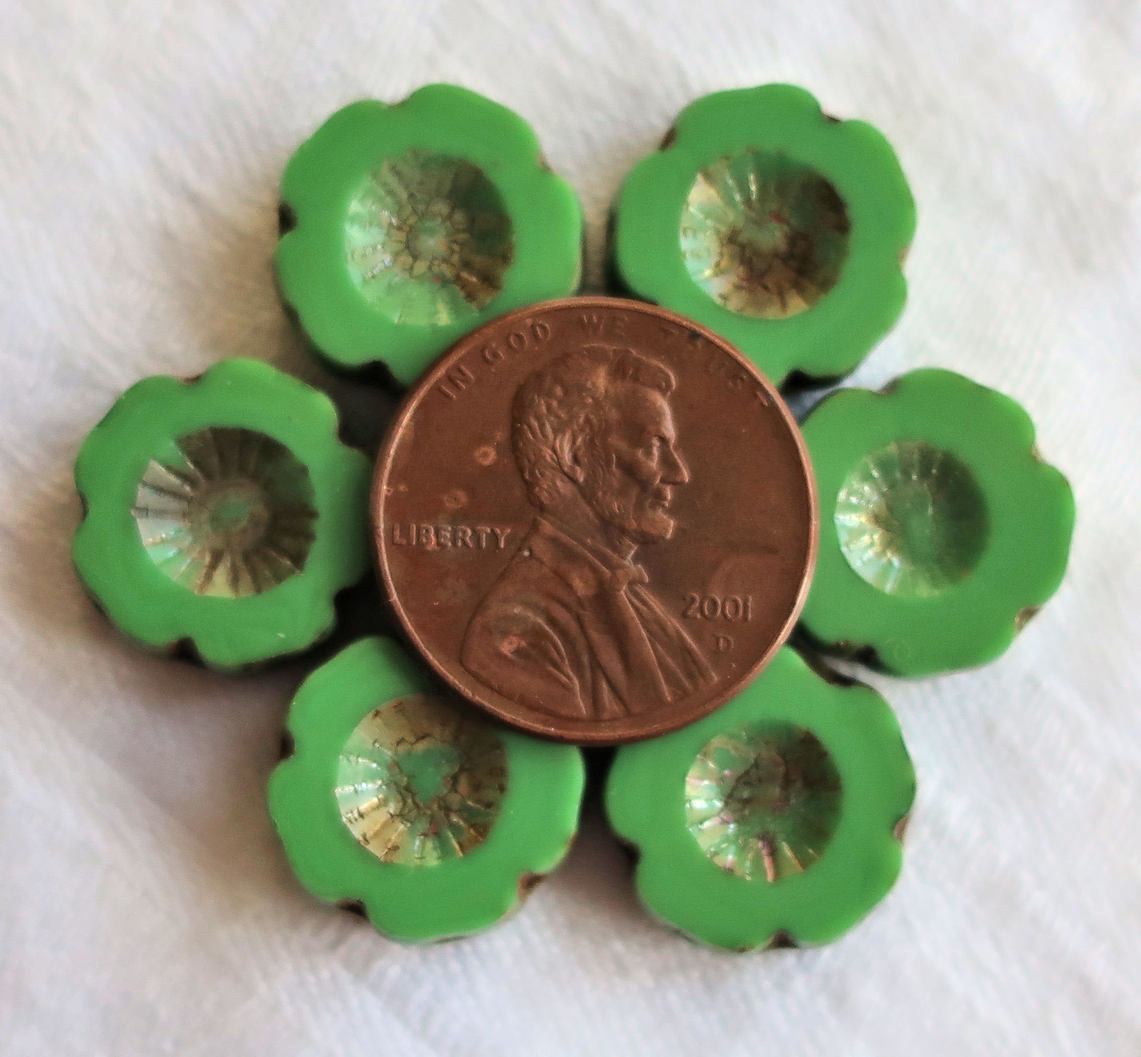Six 14mm table cut, carved, opaque green picasso Czech glass Hawaiian Flower beads C80106 - Glorious Glass Beads