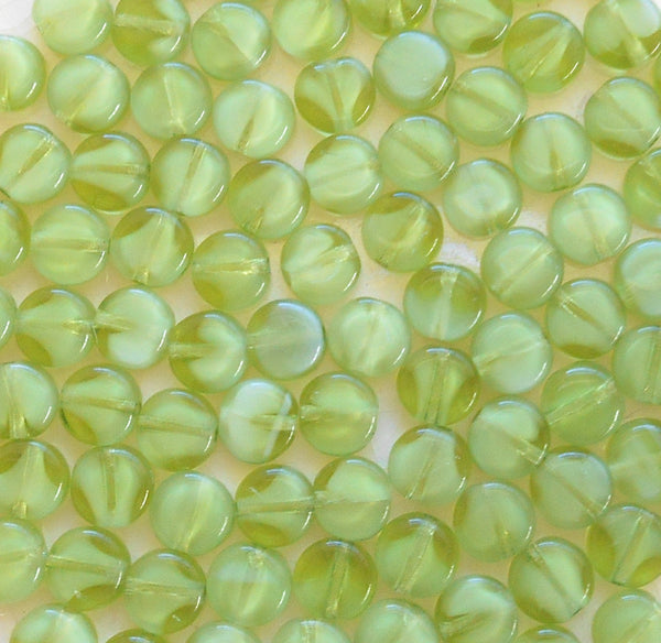 50 6mm Czech glass flat round milky olivine beads, little green white heart coin or disc beads C0094