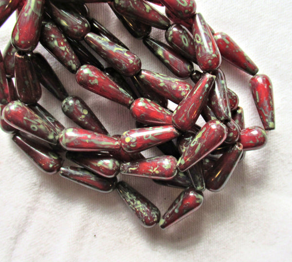 Lot of ten Czech glass teardrop beads - opaque red with a picasso finish - 6 x 15mm rustic, earthy elongated tear drops 14106