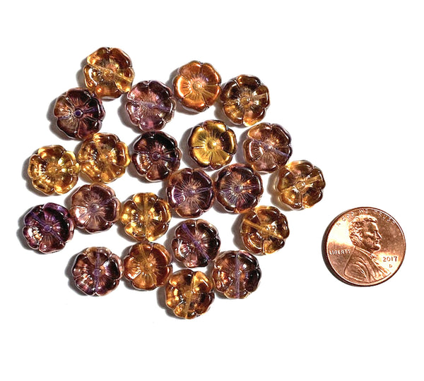 Ten 12mm Czech glass flower beads - orange, purple and gold AB pressed glass flowers - C0111