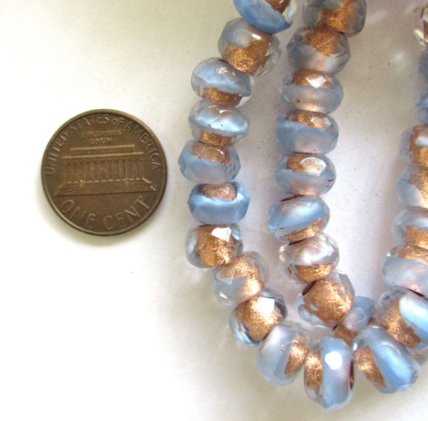 Ten Czech glass roller beads, 8.5 x 5.5mm opaque light blue & crystal copper lined faceted roller, rondelle beads, big 3mm hole beads C00211