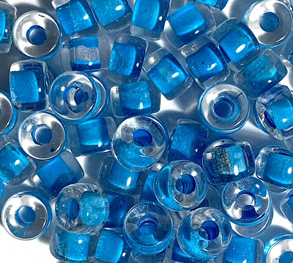 Twenty-five 9mm Czech glass pony, crow, roller beads - blue lined large hole beads - C0078