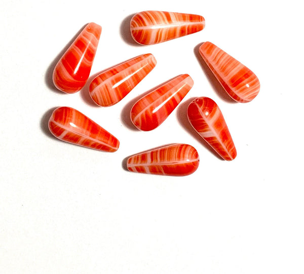 Six large Czech glass teardrop beads -  9 x 20mm red / orange and white striped drop or pear beads - C0056