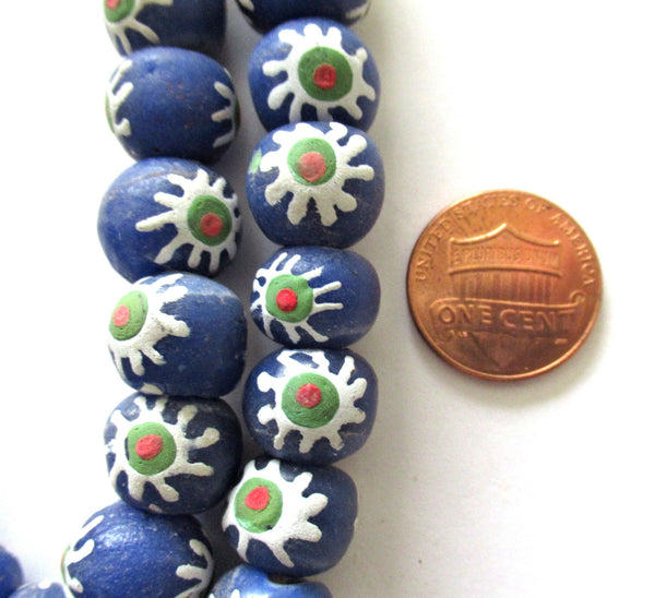 Lot of 8 African Ghana Krobo round recycled glass flower beads - blue beads with white flowers - 11-12mm - big hole rustic beads - C00501