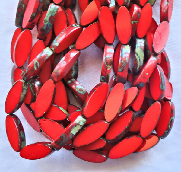 Ten Czech glass spindle beads - 16 x 6mm - opaque bright cherry red table cut picasso - almond shaped rustic earthy tube beads C92101 - Glorious Glass Beads