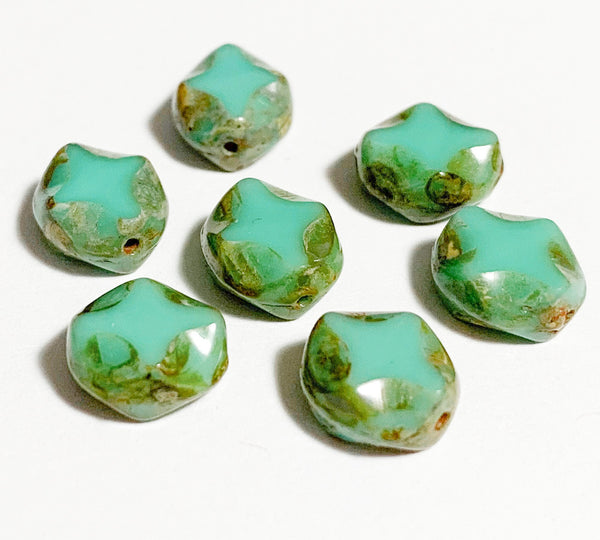 15 Czech glass oval beads - 9 x 8mm turquoise green with a Picasso finish - carved table cut with a diamond pattern beads C0571
